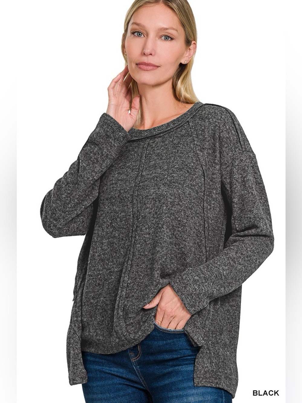 Zenana Full Size Brushed Hacci Exposed Seam Hi Low Sweater Plus Size